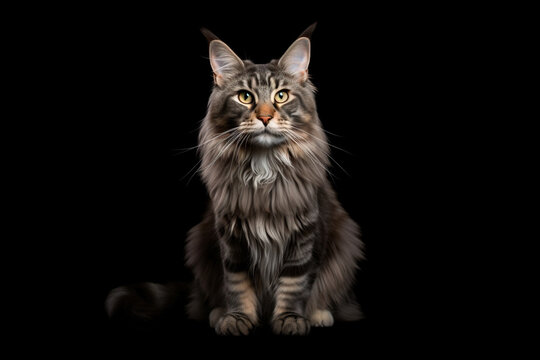 Adult striped Maine Coon cat isolated on black background.