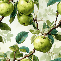 Watercolor illustration: seamless pattern of apples on the branches. AI