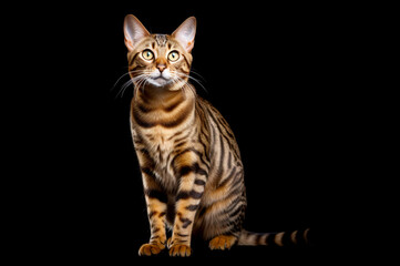 Fototapeta na wymiar Full length adult bengal cat isolated on black background
