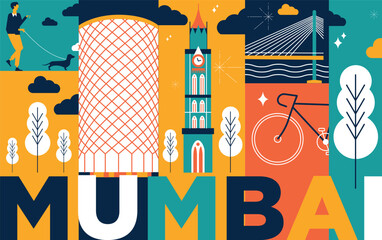 Mumbai culture travel set, famous architectures and specialties in flat design. Business travel and tourism concept clipart. Image for presentation, banner, website, advert, flyer, roadmap, icons