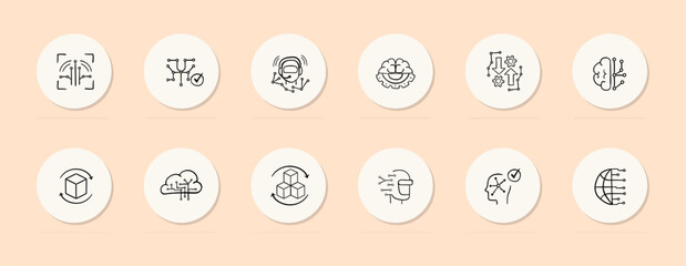 Artificial intelligence line icon. Brain, gear, planet, digitalization, new technologies, gadget. Pastel color background. Vector line icon for business