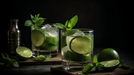 mojito cocktail with lime and mint, Generative Ai