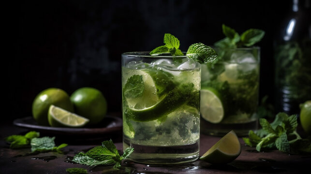 mojito cocktail with lime and mint, Generative Ai