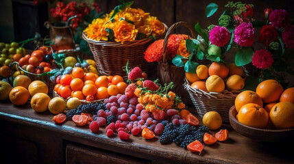 Naklejka premium fruits and flowers, Generative Ai