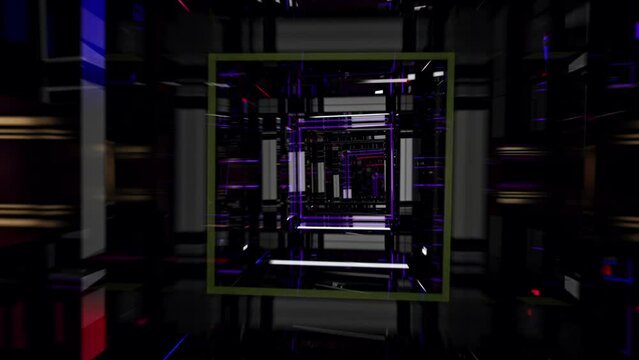 Technological futuristic tunnel.3D generated.Cyberspace. Glass and metal.Blue and red collors