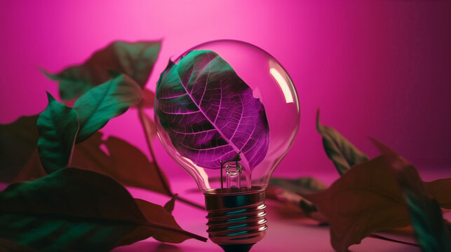 Green energy concept, light bulb with leaves, set against modern pink and violet hues. This image speaks to the stylish and approachable side of sustainability, Generative Ai