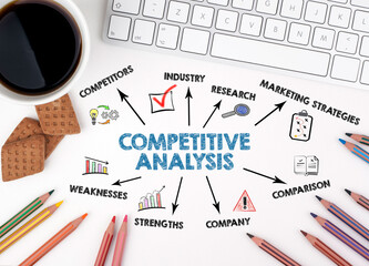 COMPETITIVE ANALYSIS Concept. Chart with keywords and icons. White office desk