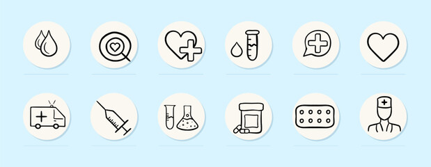 Treatment line icon. Doctor, pill blister, medicine, syringe, heart, cross. Pastel color background. Vector line icon for business