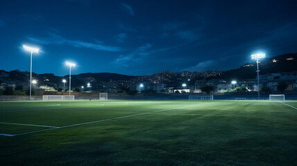 Football stadium with spotlights and empty green grass playground, football stadium sport Generative AI