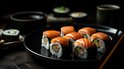 sushi on a plate with chopsticks, Generative Ai