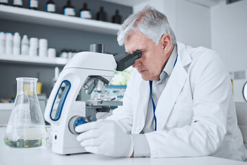 Naklejka na ściany i meble Medical, research or man with a microscope, laboratory or science with a breakthrough, review and check sample. Male person, researcher or scientist with lab equipment, studying particles or analysis