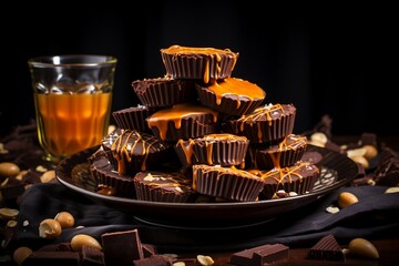Fototapeta na wymiar A plate of chocolates with caramel toppings. AI