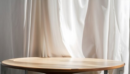 white table,Luxury cosmetic, skincare, beauty treatment, fashion product, empty modern round wooden podium,love, side table in soft white blowing drapery curtain