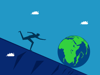 World economic crisis. man chasing the earth down the mountain. Vector