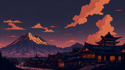 landscape with massive clouds behind a big mountain Japanese style village in the background beautiful art, beautiful landscape, deep collars, sundown, warm orange colors, 1600 Japanese town, old aest