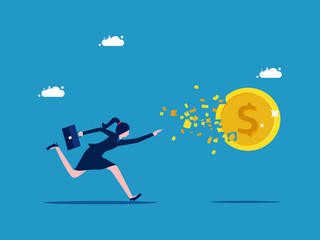 Fototapeta na wymiar Lost money. Businesswoman running after lost coins. Business concept vector