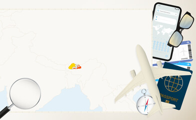 Bhutan map and flag, cargo plane on the detailed map of Bhutan with flag.