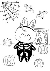 Coloring page of kawaii bunny in costume celebrates halloween with holiday elements pumpkins and bats. Antistress coloring book for adults and children.
