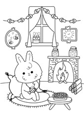 Coloring page of a kawaii rabbit sitting by the fireplace with a cup of cocoa.Antistress coloring book for adults and children