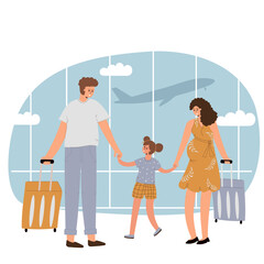 Happy family ready for vacation.Father,pregnant mother and daughter with suitcases at the airport.