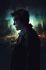 man detective spy in night city. Cover of book of crime thriller novel. Generative AI illustration © alexkoral