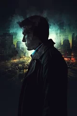 man detective spy in night city. Cover of book of crime thriller novel. Generative AI illustration © alexkoral