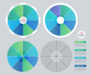 Wheel of life infographic chart design element set. Abstract vector symbols for infochart with blank copy spaces. Instructional graphics kit. Acumin, Myriad Variable Concept fonts used