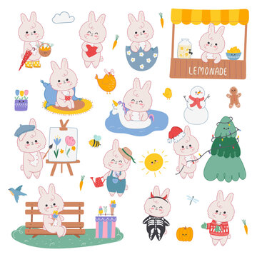 Vector set of cute rabbit with different activities and seasons. Bunny with pool ring, bunny decorates Christmas tree, easter bunny, etc. Cute design for posters, scrapbooking