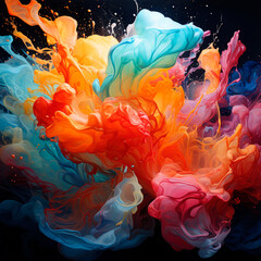 Abstract explosion of colors in paint splashes, isolated on black. Mixed liquid vivid flow, curved dynamic fluid for creative background - Generative AI