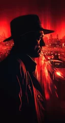 silhouette of male detective spy in hat with a double exposure in night city. Cover of book thrillers of novel. Generative AI illustration © alexkoral
