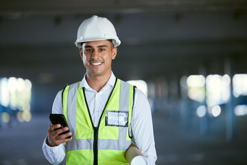 Architect, phone and portrait of happy man in warehouse with blueprint, networking and...