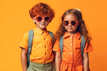 two positive friendly schoolkids in uniform isolated orange background. Generative AI