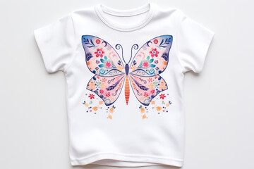 Butterfly Print Tshirt For Newborn Girl On White Background. Generative AI