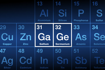 Gallium and Germanium on periodic table of the elements. Gallium (Ga), a metal, and Germanium (Ge), a metalloid are rare, but important semiconductor materials. A large part of them is mined in China. - obrazy, fototapety, plakaty