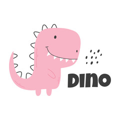 Cute childish dino print in flat scandinavian style. Poster with dino and lettering. Vector illustration..