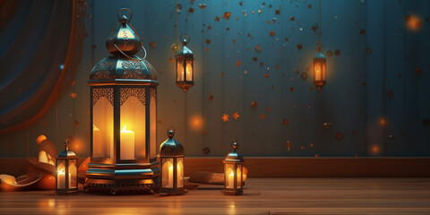 Ramadan festival lantern and props on the floor background. Culture and religion concept. Digital art illustration