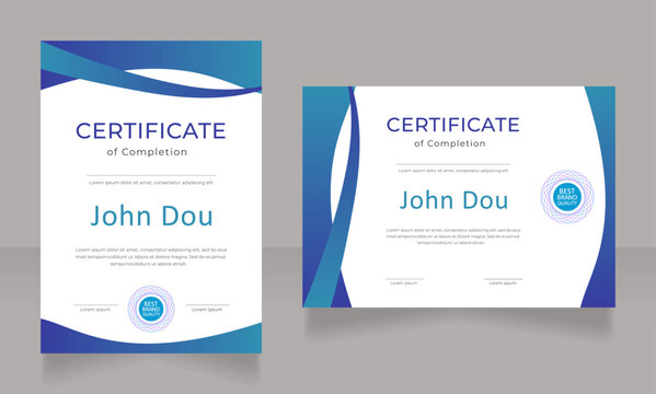 Completion of internship certificate design template set. Vector diploma with customized copyspace and borders. Printable document for awards and recognition. Montserrat, Calibri Regular fonts used