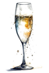 Champagne Glass Filled, Watercolor Illustration with  Splashy Colors, Transparent Background