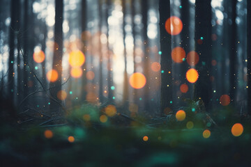 Blurred forest in the morning, defocused trees background with bokeh effect. Generative AI. - 620498926