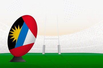 Antigua and Barbuda national team rugby ball on rugby stadium and goal posts, preparing for a penalty or free kick.