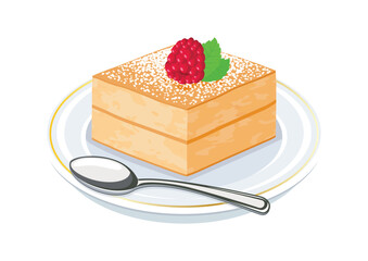 Sponge Cake with raspberry vector illustration. Piece of fluffy block cake on a plate icon vector isolated on a white background. Slice of cake with powdered sugar on top drawing