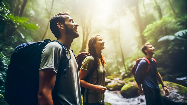 Selective focus.Group of person hiking or trekking and forest bathing concepts.nature therapy.healthy with outdoor summer activity.ai generated images
