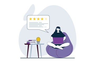 Feedback page concept with people scene in flat design for web. Woman leaving comments with her experience and give good rating. Vector illustration for social media banner, marketing material.