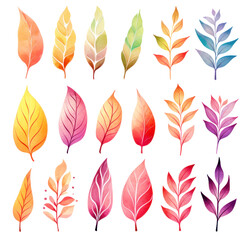 Rainbow colored leaves and branches, collection isolated on white, illustration in watercolor style
