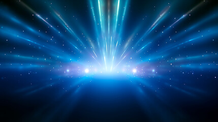 Empty blue festive stage with light beams and shines glow, empty room at night background with copy space for award ceremony, jubilee or product presentations. Generative AI