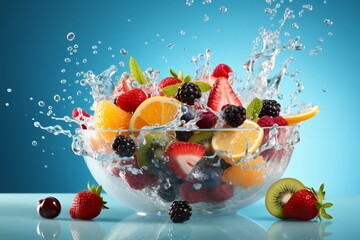 A bowl of fruit is splashing into the water. AI