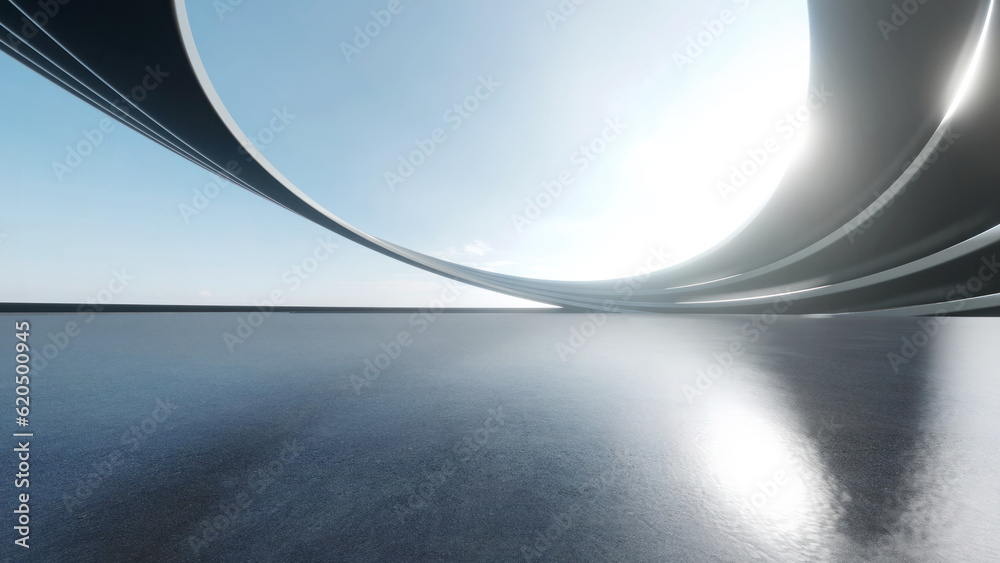 Poster 3d render of abstract futuristic architecture with empty concrete floor. Scene for car presentation.