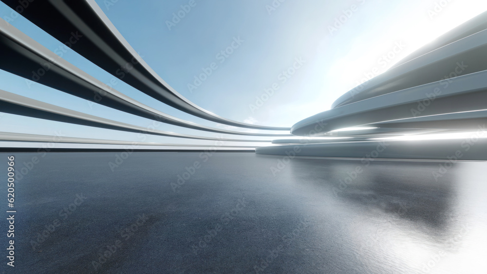 Poster 3d render of abstract futuristic architecture with empty concrete floor. Scene for car presentation.