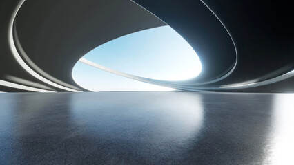 3d render of abstract futuristic architecture with empty concrete floor. Scene for car presentation.