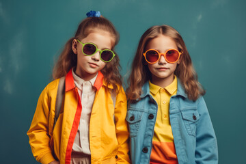 two positive friendly schoolgirls in uniform with backpack isolated blue background. Generative AI